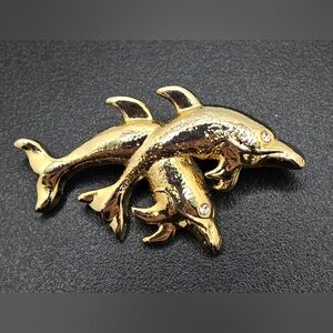 🐬 Dolphin Brooch Jumping Pair Gold Tone Clear Eye Crystals Rollover Clasp